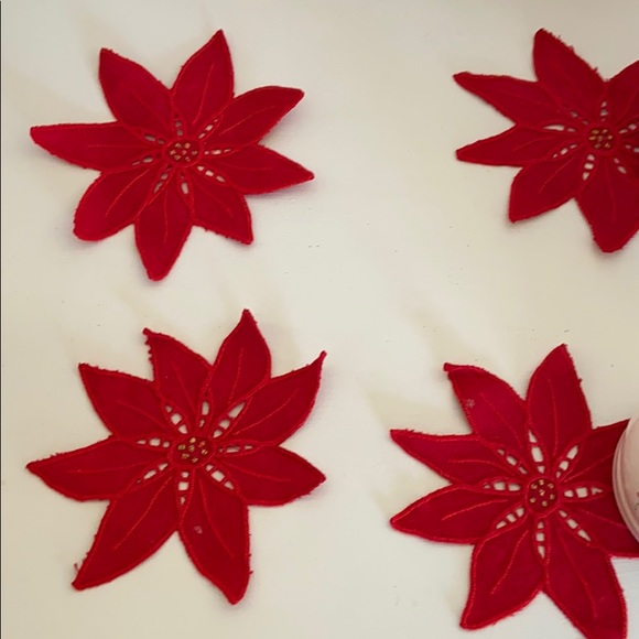 4 Red Embroidered Cotton Coasters- Christmas Decor - Picture 1 of 5